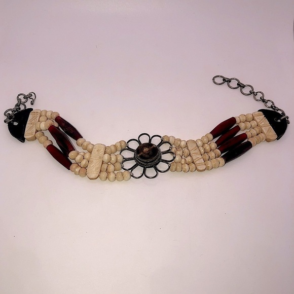 Vtg Carved Bone Petrified Wood & Leather Accent Choker Necklace 12” - 14” - Picture 1 of 7